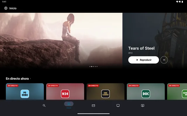 La portada en una tableta Android, con Sintel destacada y los canales en directo